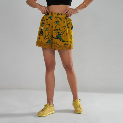Mustard Artistic Print Cord Set with Crochet Lace Accents