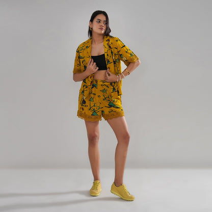 Mustard Artistic Print Cord Set with Crochet Lace Accents