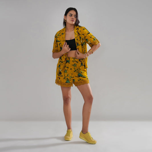 Mustard Artistic Print Cord Set with Crochet Lace Accents