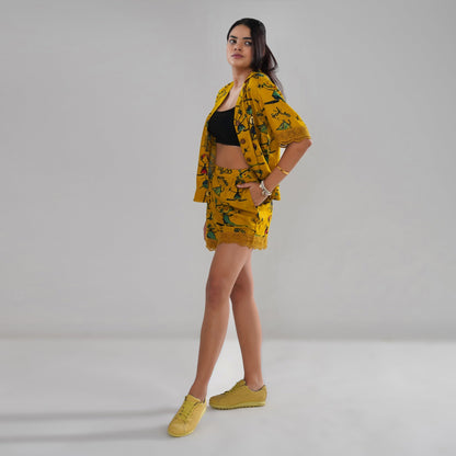 Mustard Artistic Print Cord Set with Crochet Lace Accents