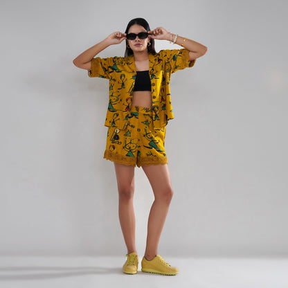 Mustard Artistic Print Cord Set with Crochet Lace Accents