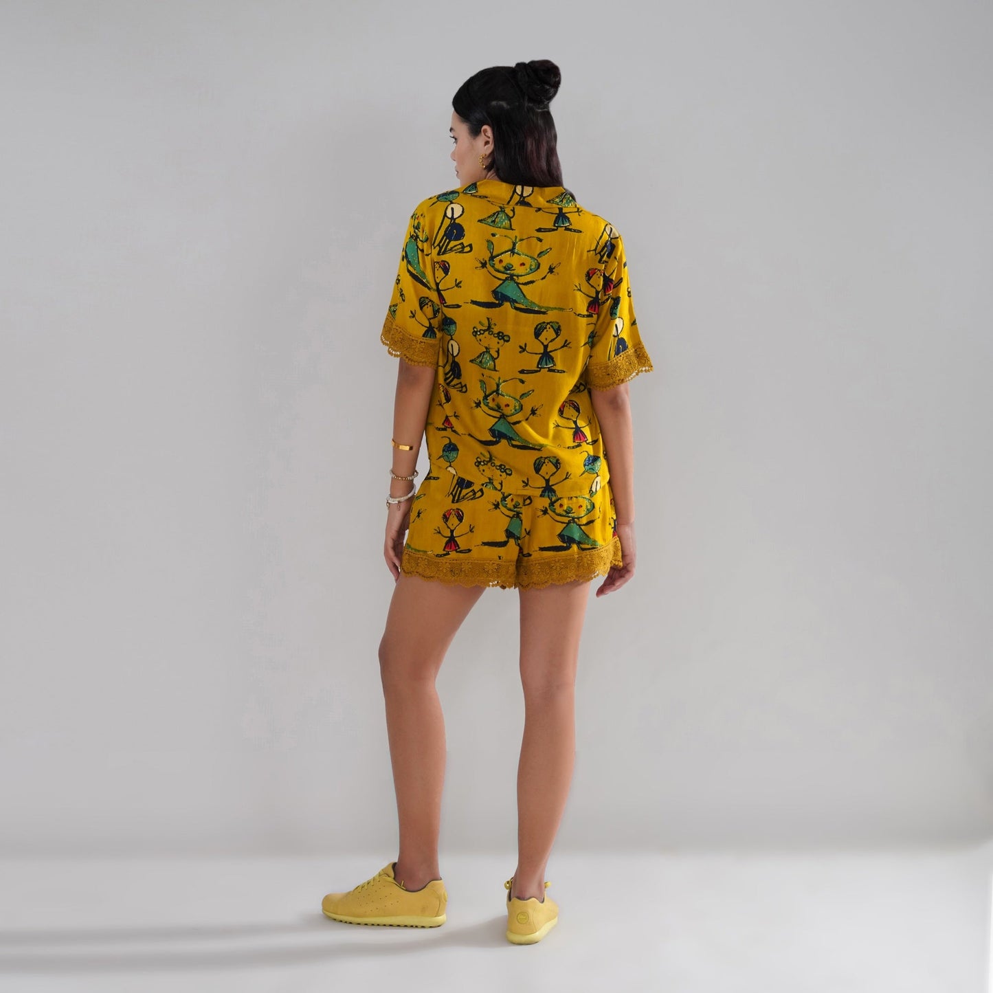 Mustard Artistic Print Cord Set with Crochet Lace Accents