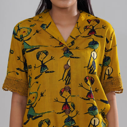Mustard Artistic Print Cord Set with Crochet Lace Accents