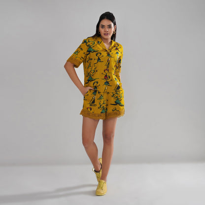 Mustard Artistic Print Cord Set with Crochet Lace Accents