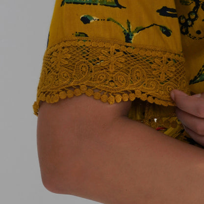 Mustard Artistic Print Cord Set with Crochet Lace Accents