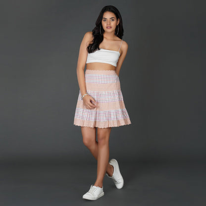 Pastel Checkered Cotton and Schiffli Lace Flared Skirt