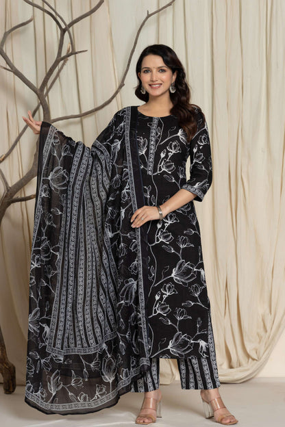 Black Floral Printed Cotton Suit Set with Dupatta