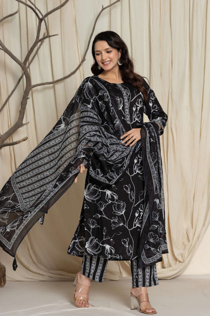 Black Floral Printed Cotton Suit Set with Dupatta