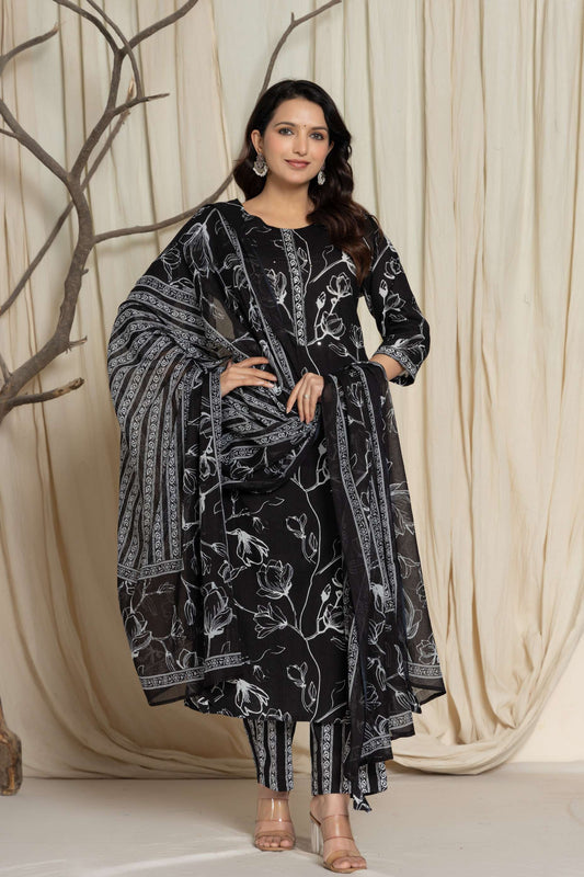 Black Floral Printed Cotton Suit Set with Dupatta