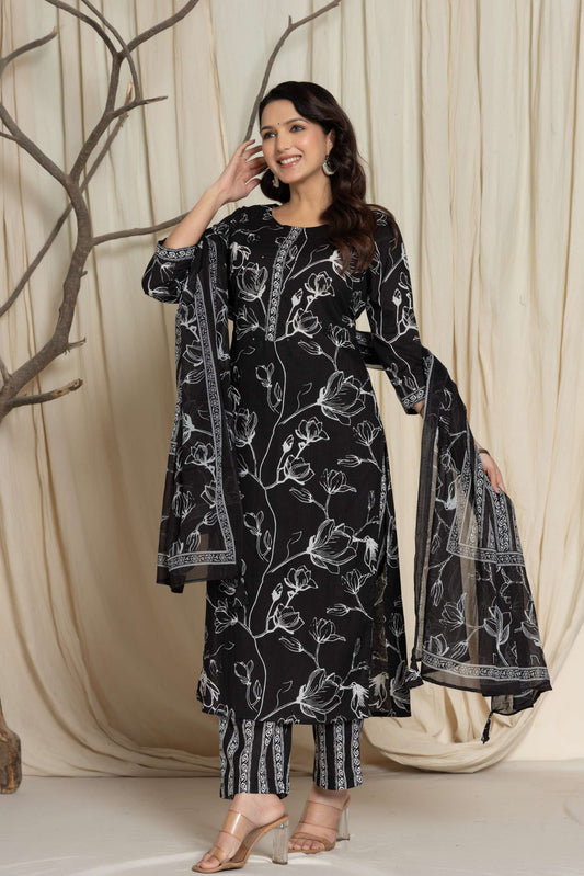 Black Floral Printed Cotton Suit Set with Dupatta