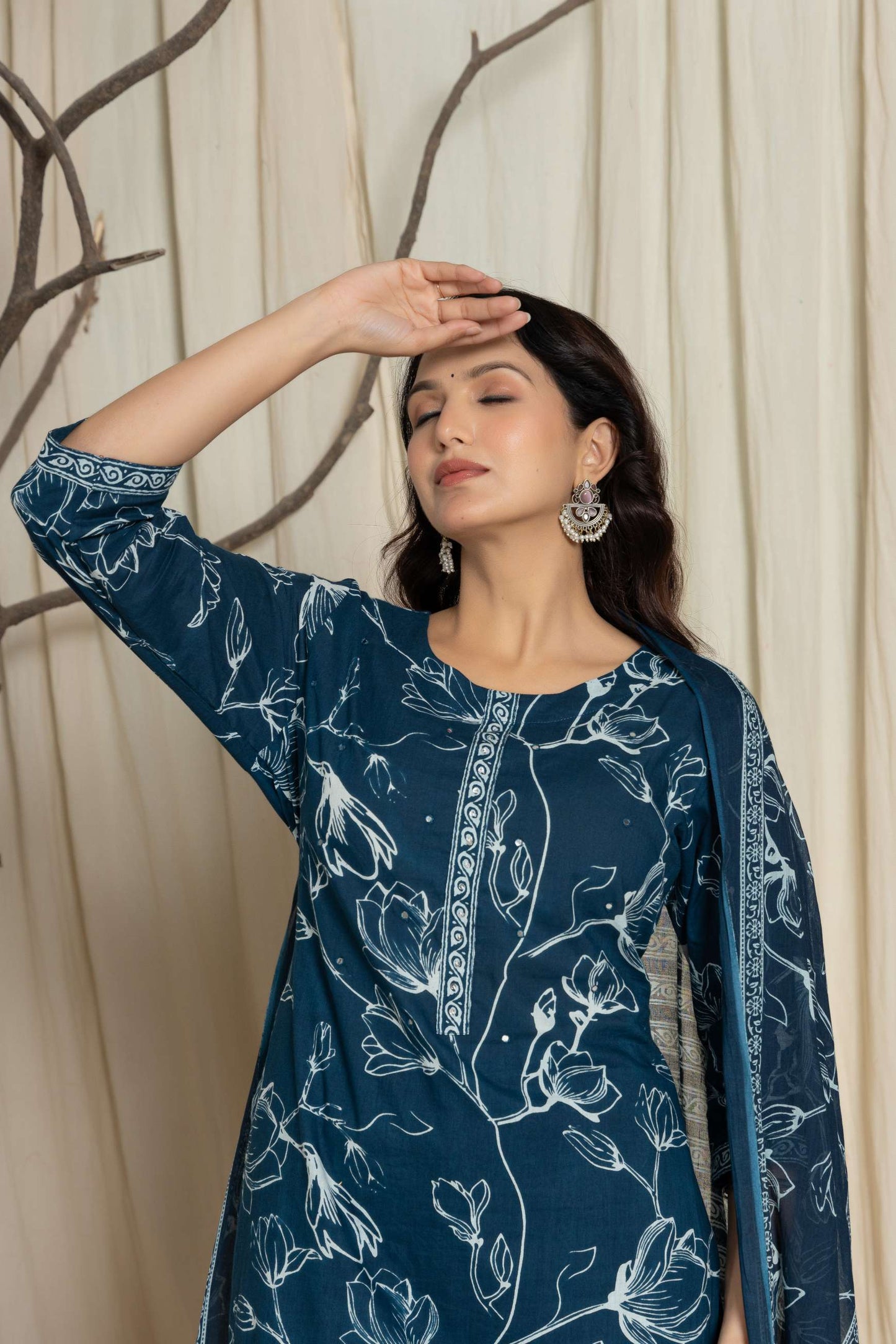 Blue Floral Printed Cotton Suit Set with Dupatta
