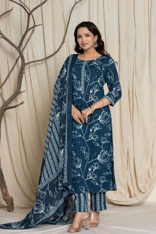 Blue Floral Printed Cotton Suit Set with Dupatta