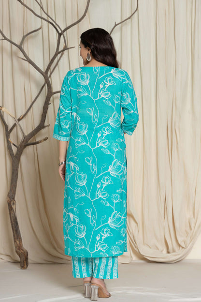 Green Floral Printed Cotton Suit Set with Dupatta
