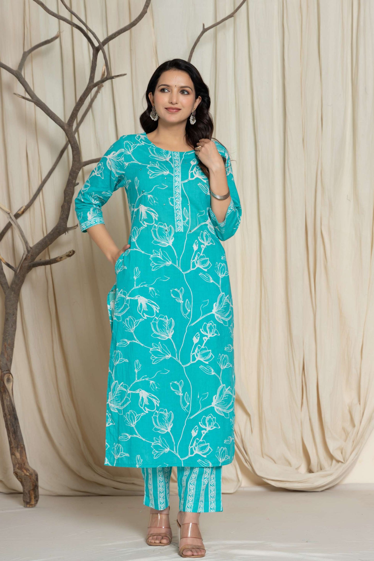 Green Floral Printed Cotton Suit Set with Dupatta