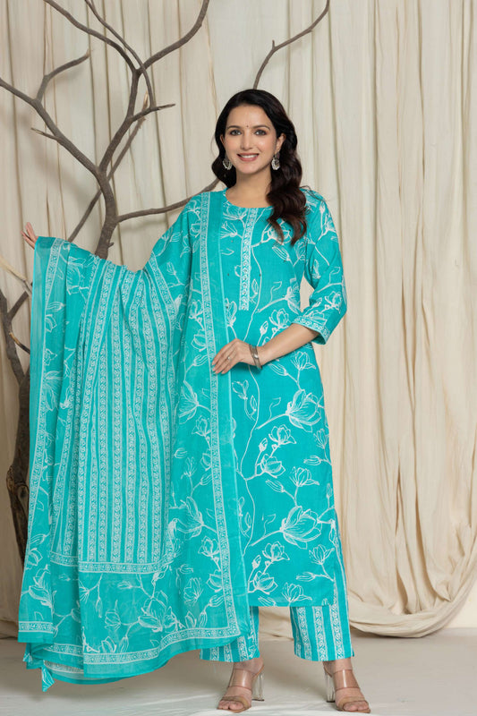 Green Floral Printed Cotton Suit Set with Dupatta