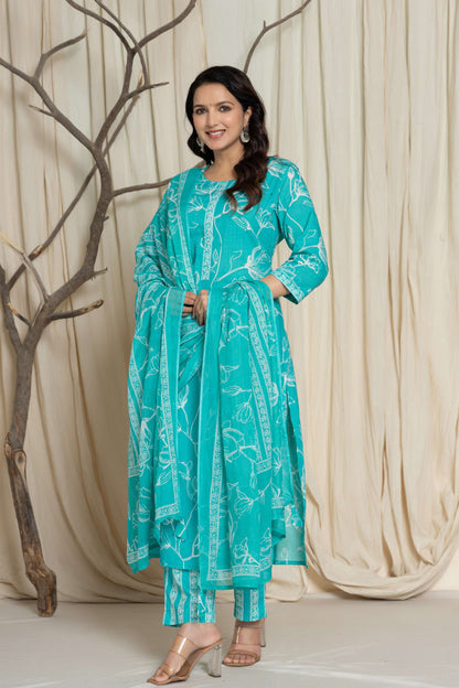 Green Floral Printed Cotton Suit Set with Dupatta