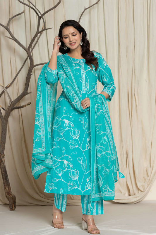 Green Floral Printed Cotton Suit Set with Dupatta