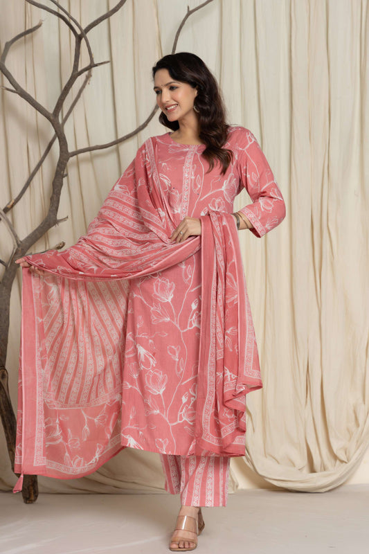 Pink Floral Printed Cotton Suit Set with Dupatta