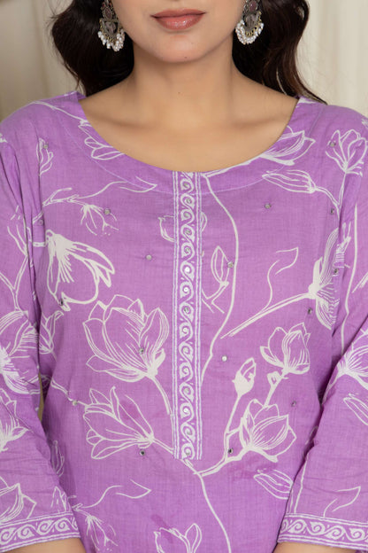 Purple Floral Printed Cotton Suit Set with Dupatta