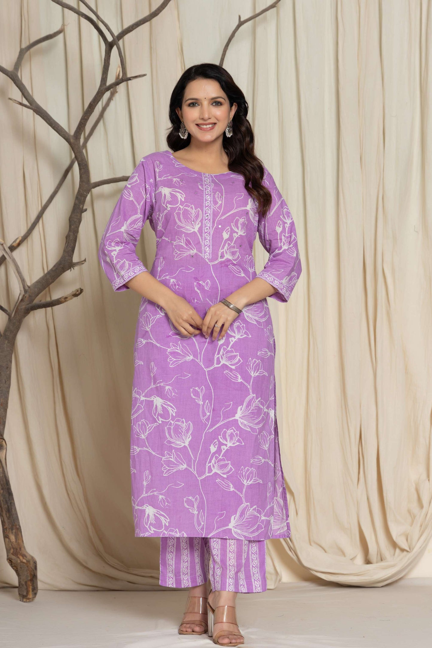 Purple Floral Printed Cotton Suit Set with Dupatta