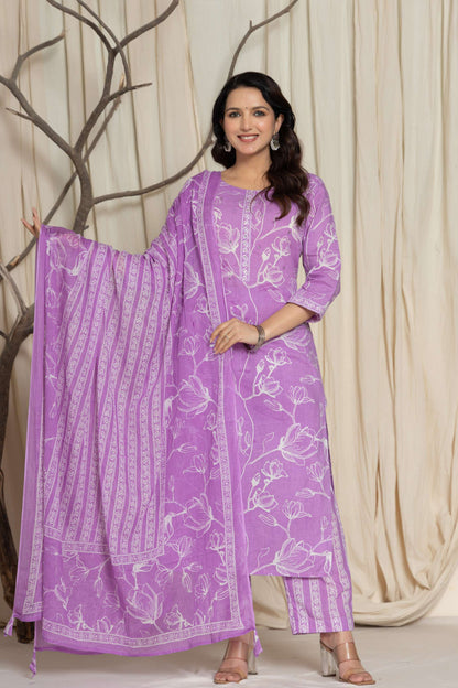 Purple Floral Printed Cotton Suit Set with Dupatta