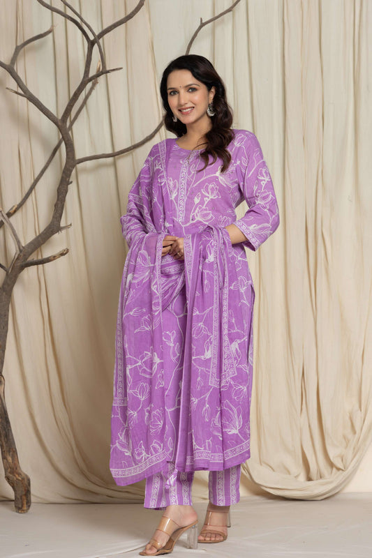 Purple Floral Printed Cotton Suit Set with Dupatta