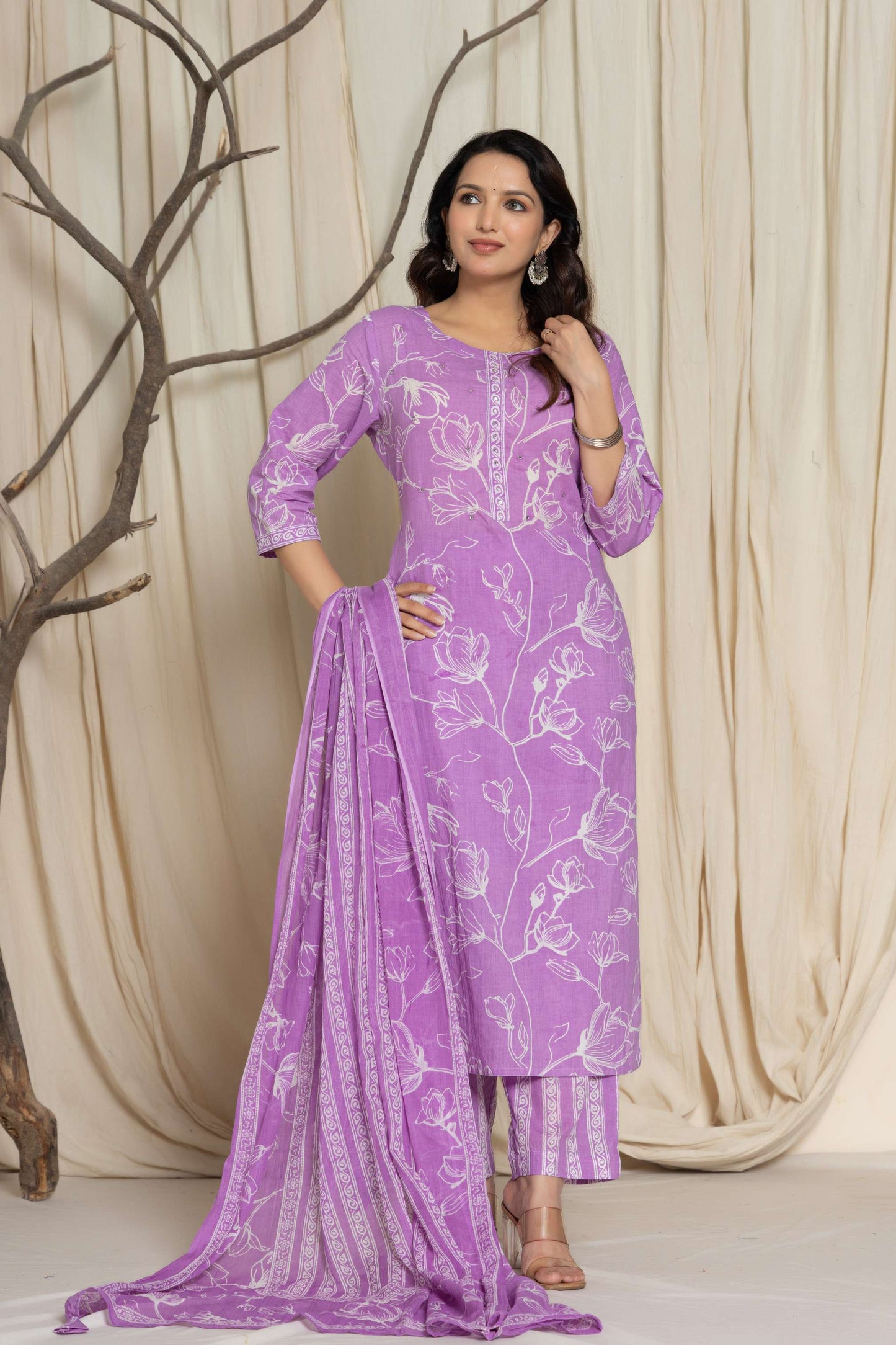 Purple Floral Printed Cotton Suit Set with Dupatta