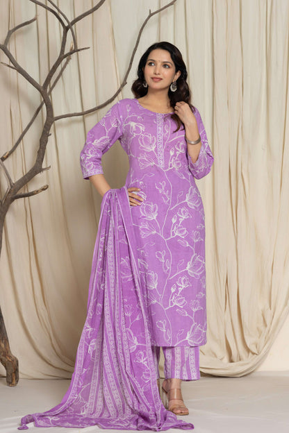 Purple Floral Printed Cotton Suit Set with Dupatta
