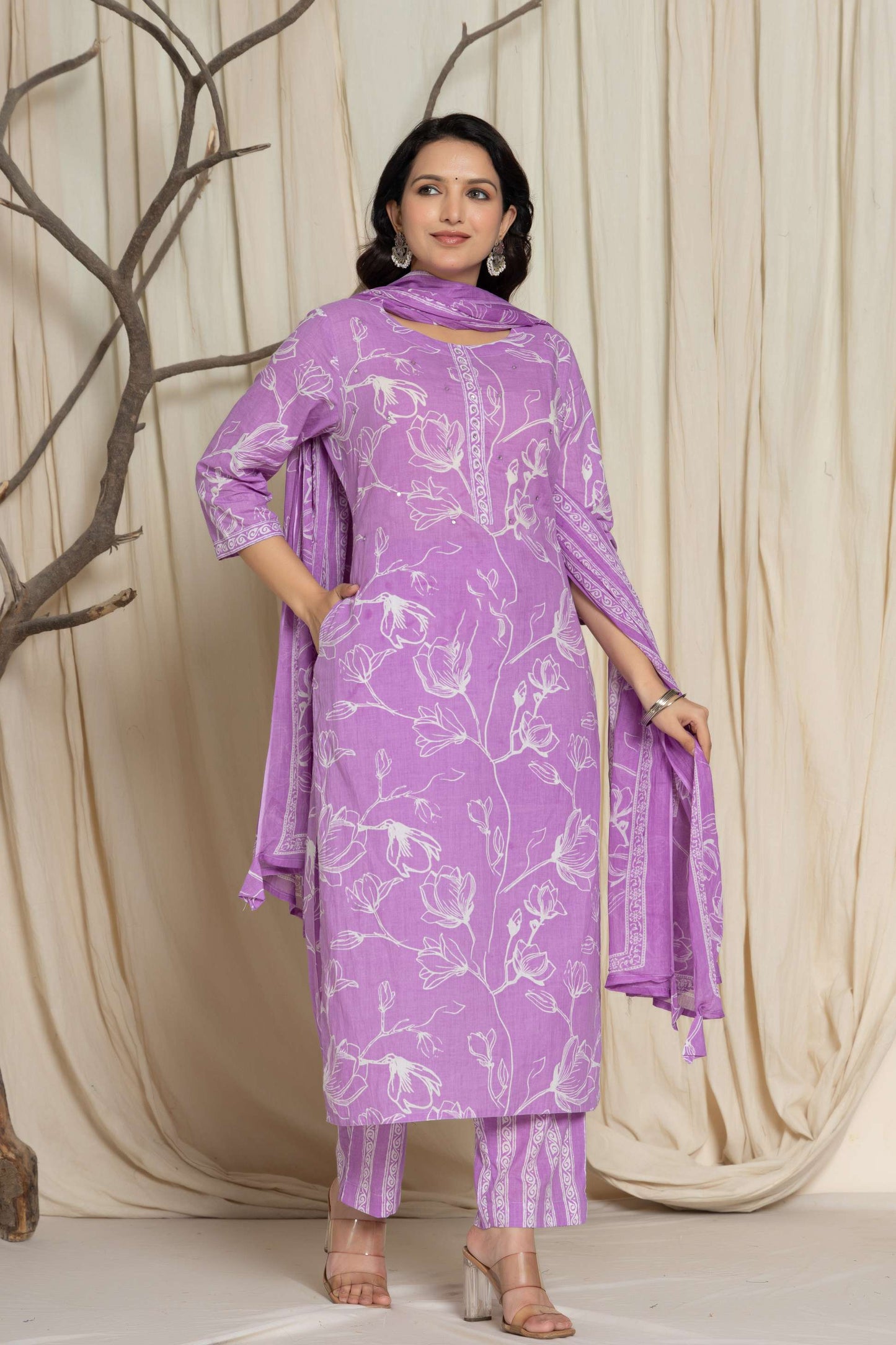Purple Floral Printed Cotton Suit Set with Dupatta