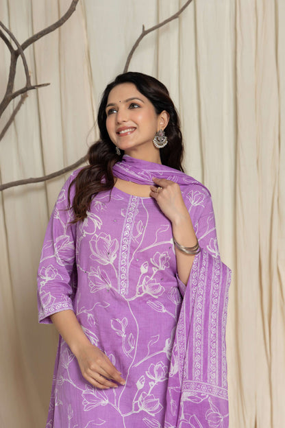 Purple Floral Printed Cotton Suit Set with Dupatta