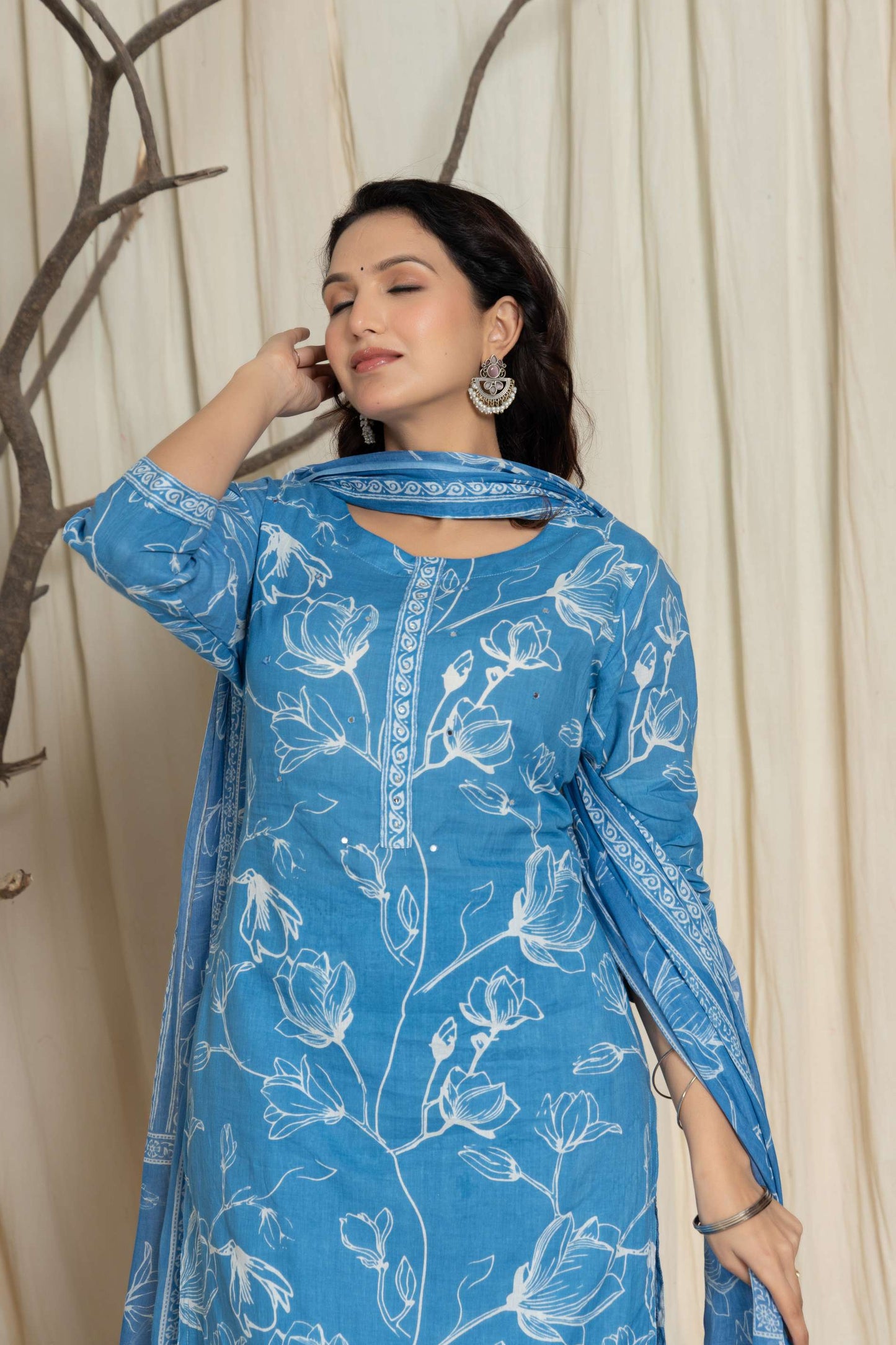 Sky Blue Floral Printed Cotton Suit Set with Dupatta