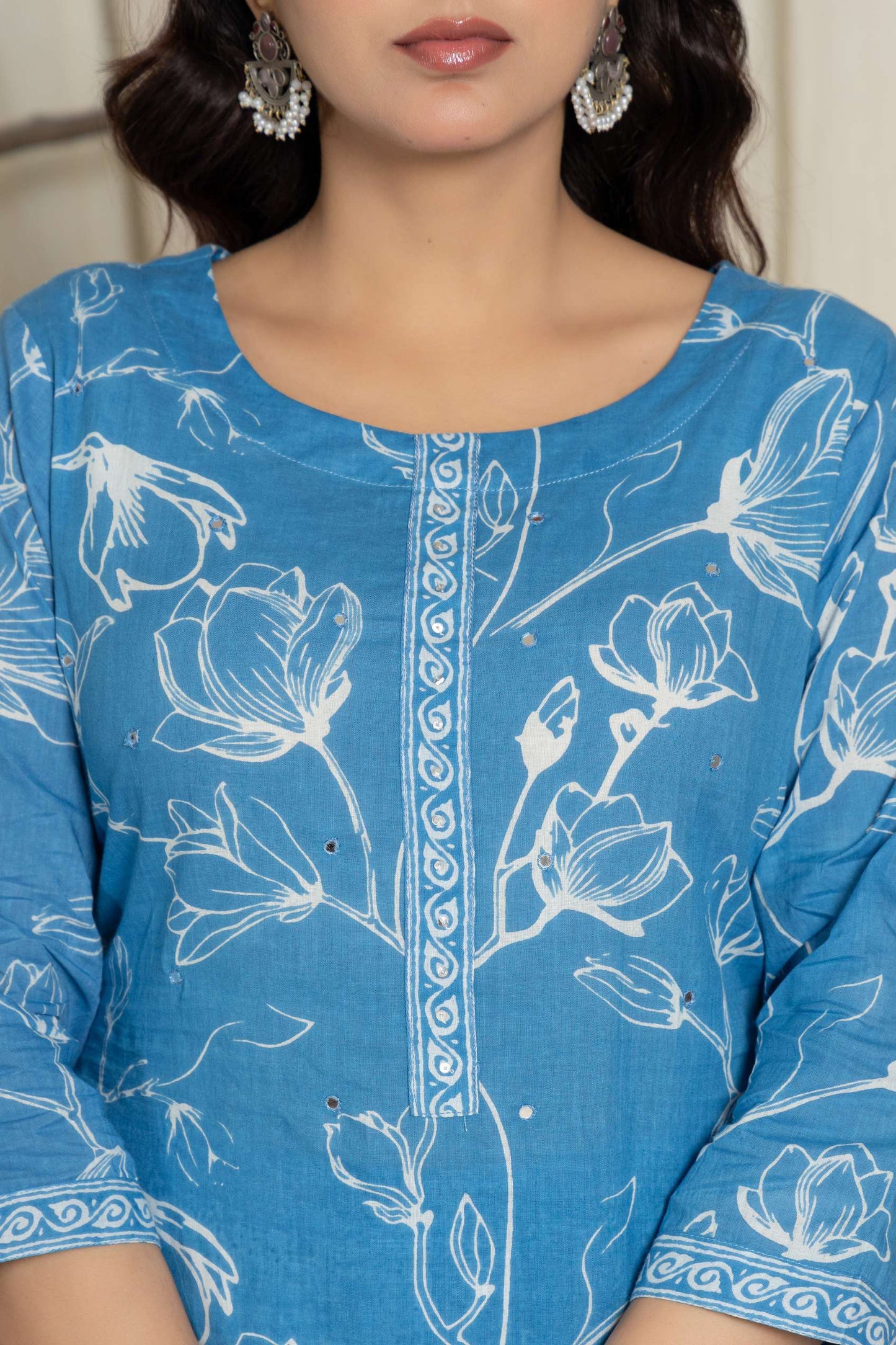 Sky Blue Floral Printed Cotton Suit Set with Dupatta