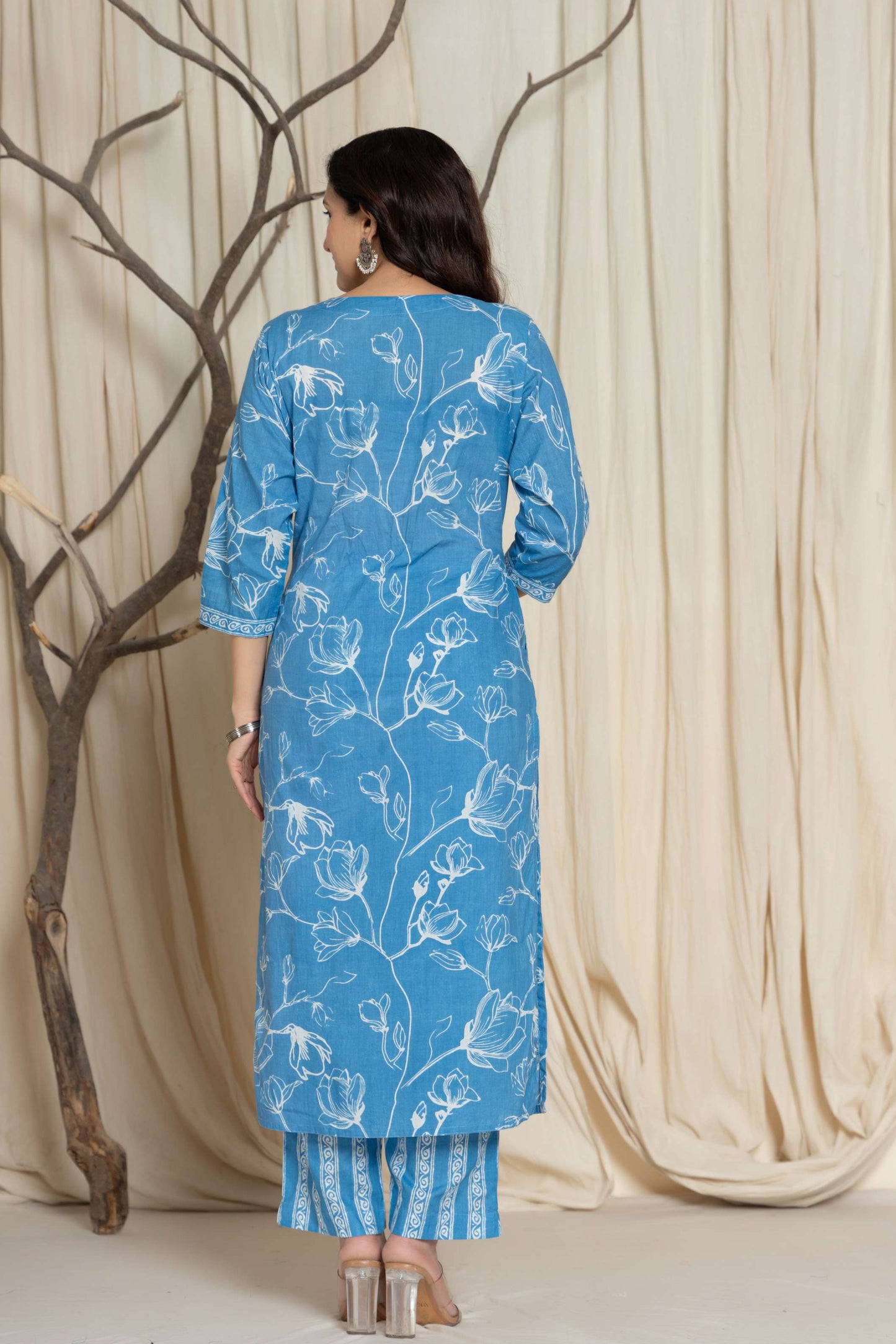 Sky Blue Floral Printed Cotton Suit Set with Dupatta