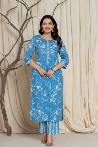 Sky Blue Floral Printed Cotton Suit Set with Dupatta