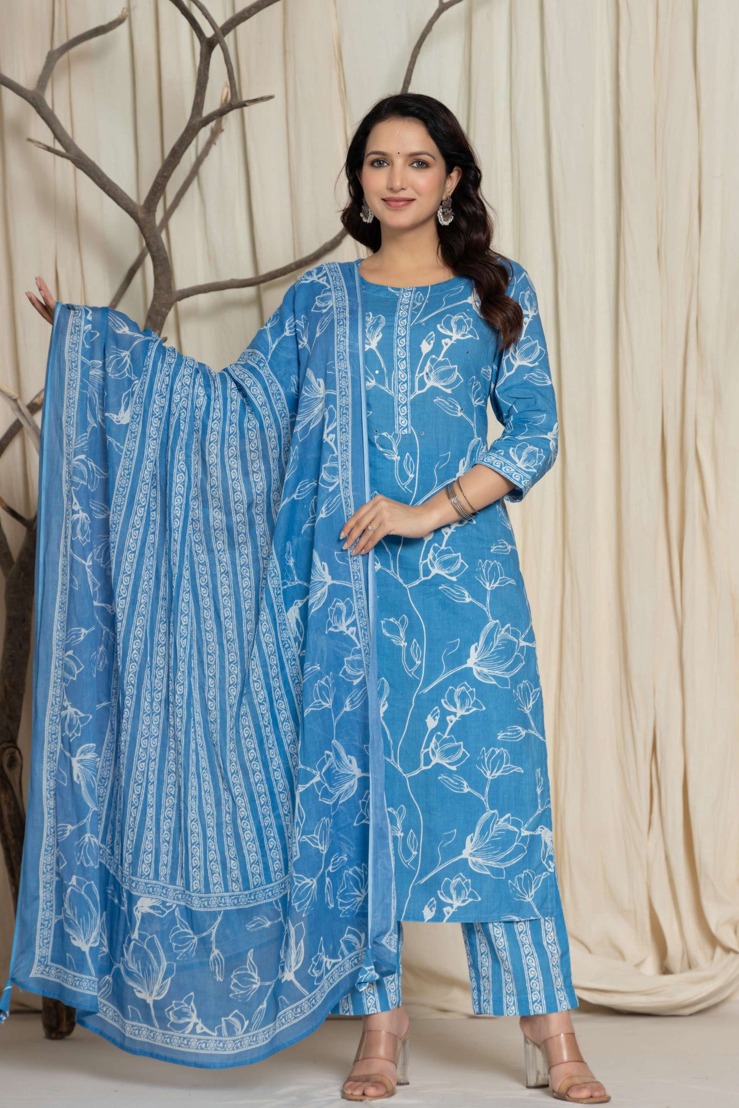 Sky Blue Floral Printed Cotton Suit Set with Dupatta