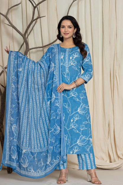 Sky Blue Floral Printed Cotton Suit Set with Dupatta