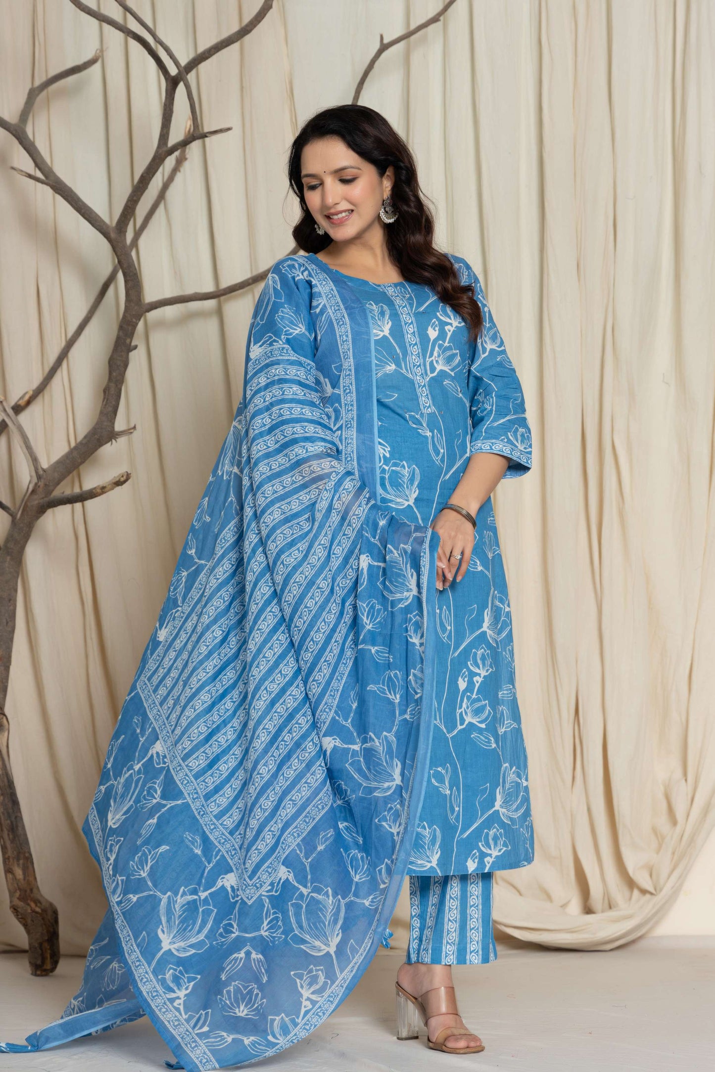 Sky Blue Floral Printed Cotton Suit Set with Dupatta