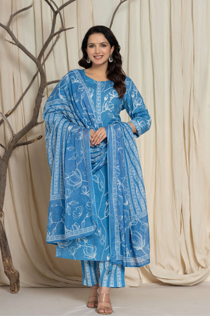 Sky Blue Floral Printed Cotton Suit Set with Dupatta