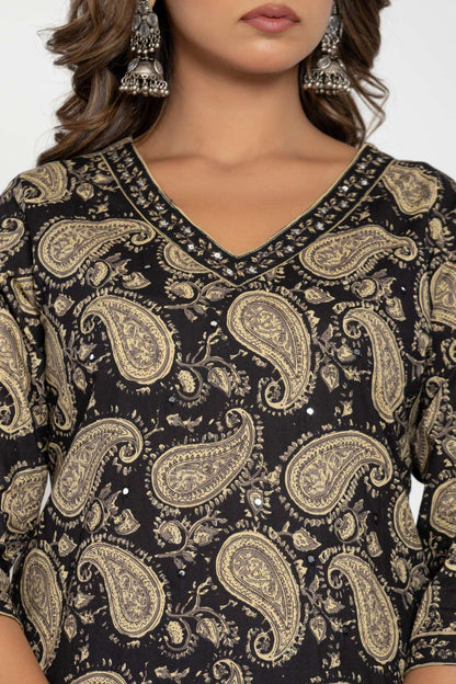 Black Paisley Printed Cotton Suit Set with Dupatta