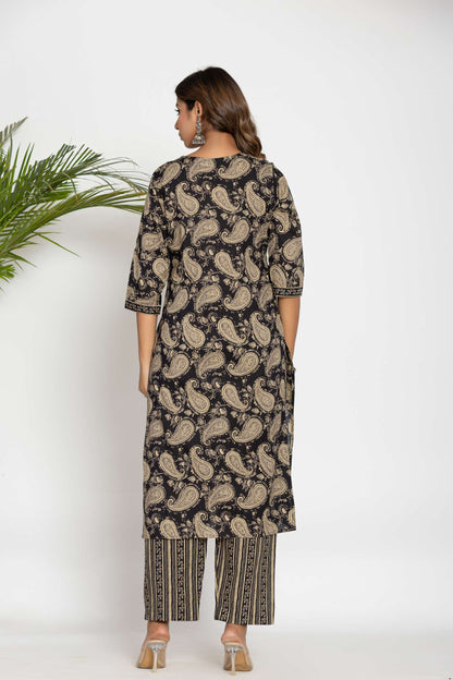 Black Paisley Printed Cotton Suit Set with Dupatta
