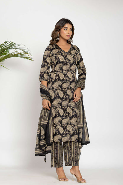 Black Paisley Printed Cotton Suit Set with Dupatta