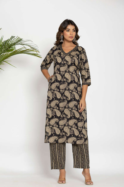 Black Paisley Printed Cotton Suit Set with Dupatta