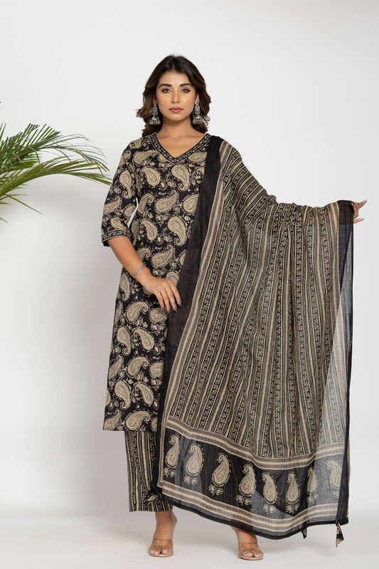 Black Paisley Printed Cotton Suit Set with Dupatta