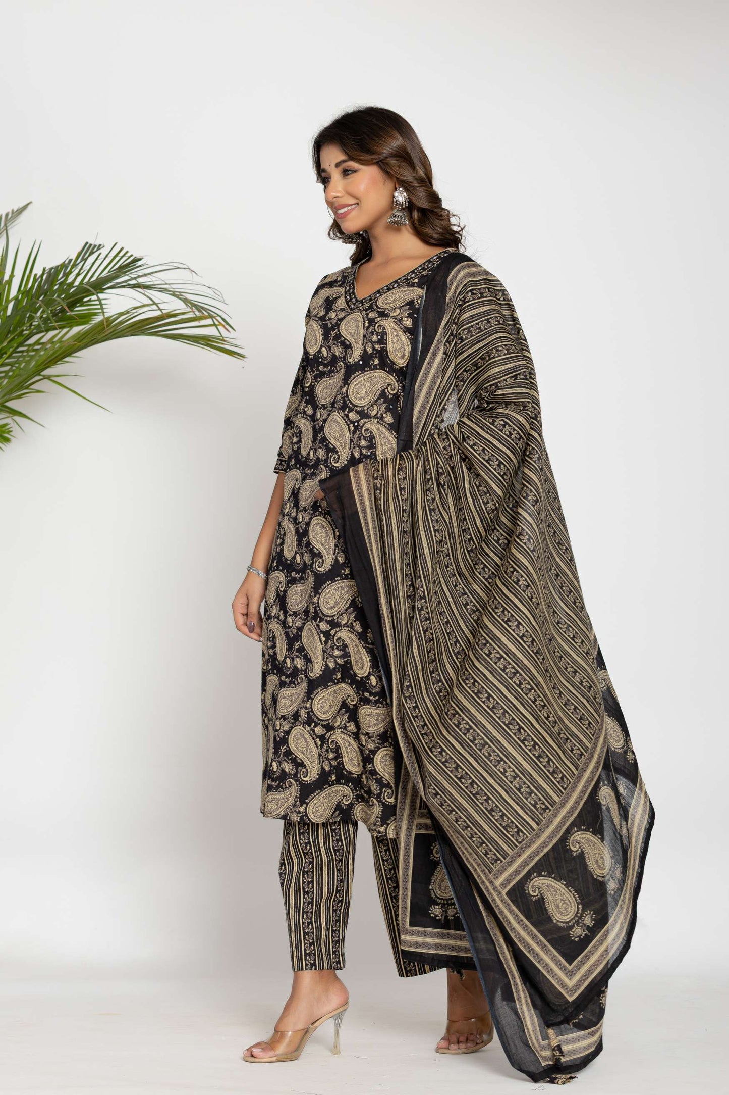 Black Paisley Printed Cotton Suit Set with Dupatta