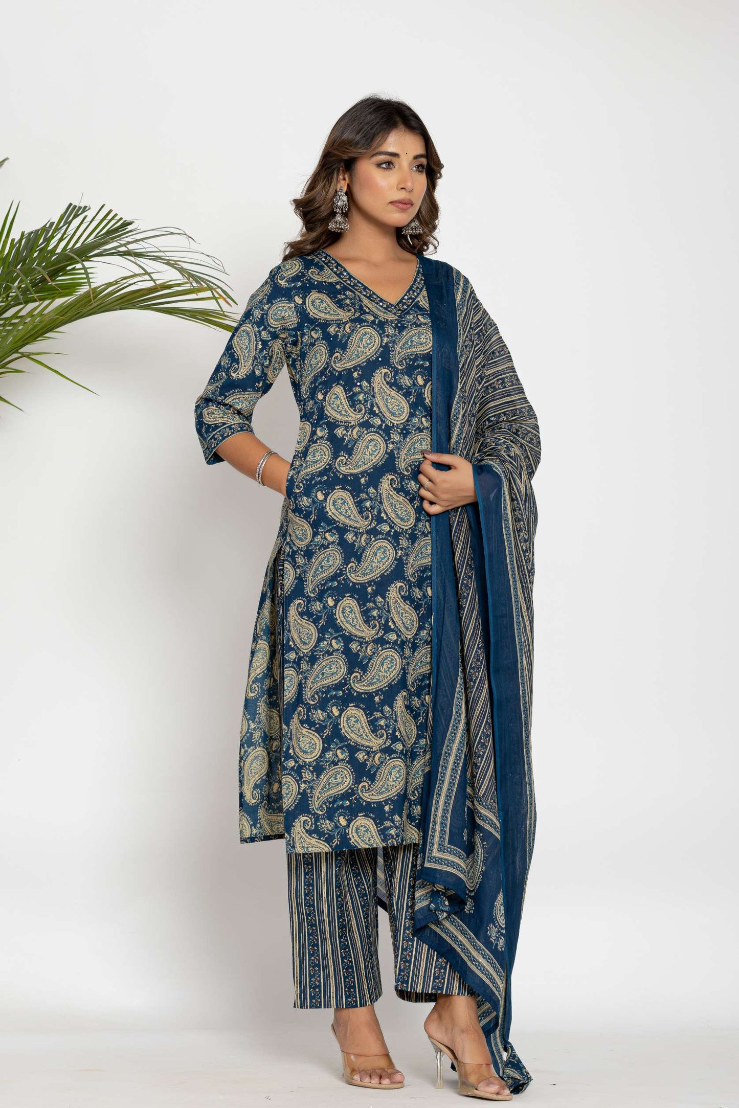 Blue Paisley Printed Cotton Suit Set with Dupatta