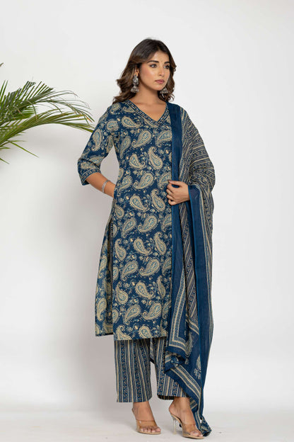 Blue Paisley Printed Cotton Suit Set with Dupatta