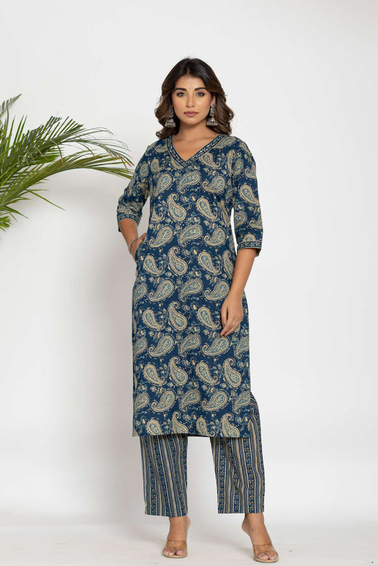 Blue Paisley Printed Cotton Suit Set with Dupatta