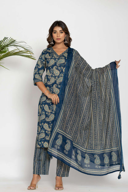 Blue Paisley Printed Cotton Suit Set with Dupatta