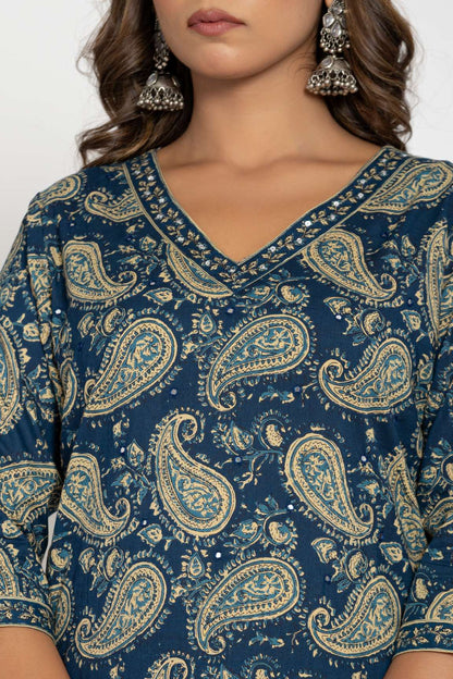 Blue Paisley Printed Cotton Suit Set with Dupatta
