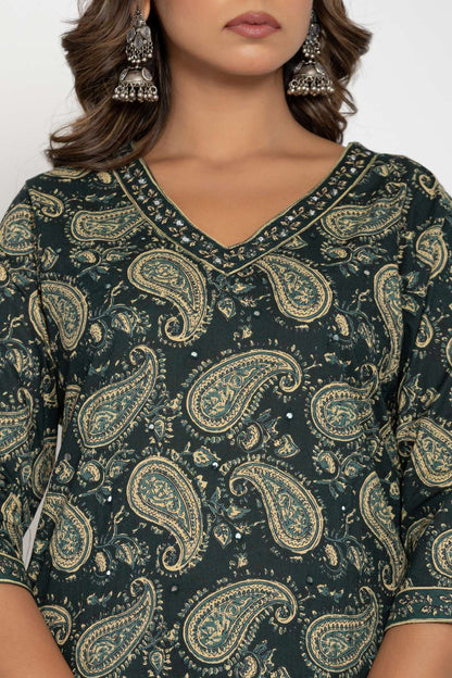 Green Paisley Printed Cotton Suit Set with Dupatta